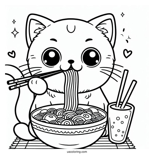 Cat Eating Ramen Coloring Page For Kids