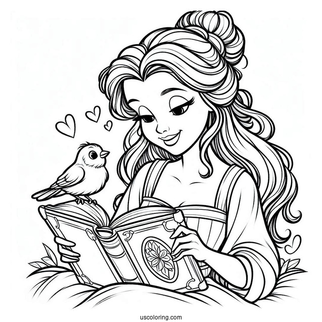 Coloring Sheet Of Belle Reading a Book With Bird