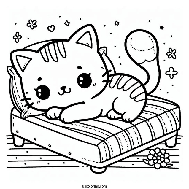 Cat Lying On Bed Coloring Sheet
