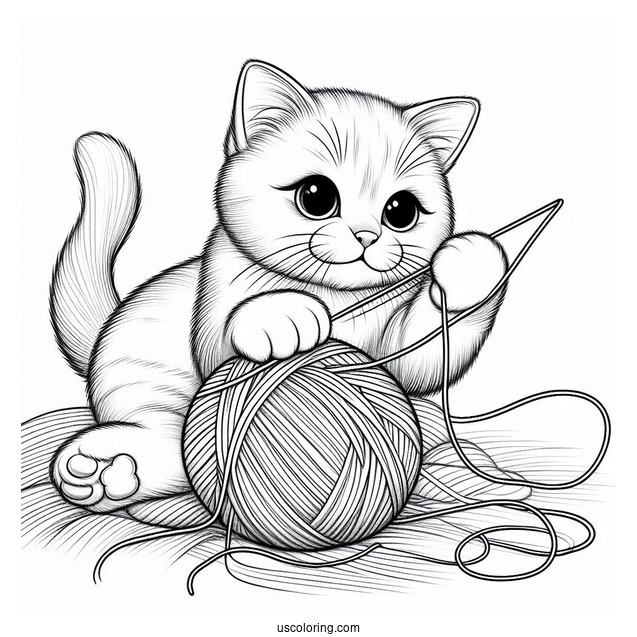 Coloring Sheet Of Realistic Cat Playing With Yarn