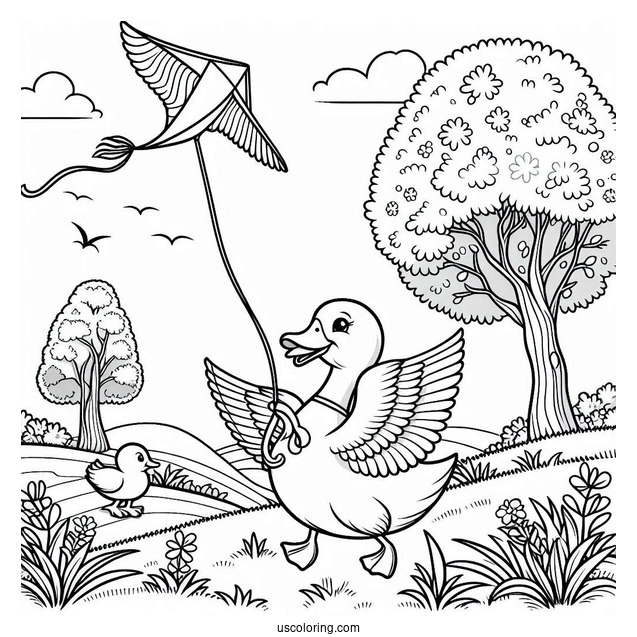 Duck Flying a Kite in the Countryside Coloring Page