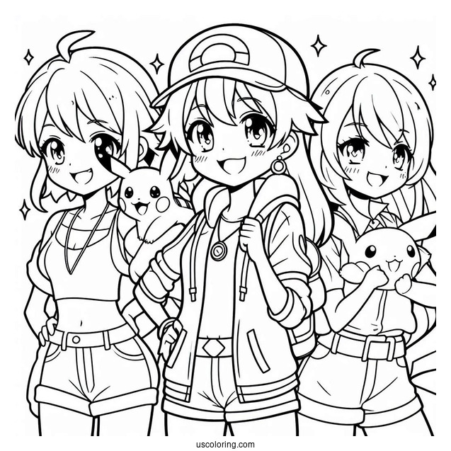Cute Coloring Page Pokemon Trainer With Pikachu And Eevee