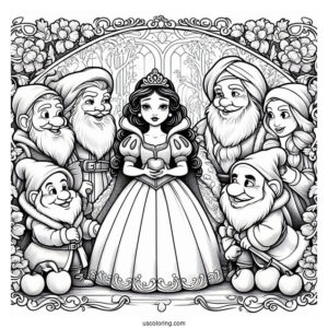 Detailed Snow White Coloring Pages Surrounded By The Dwarves, Prince Charming, And The Evil Queen
