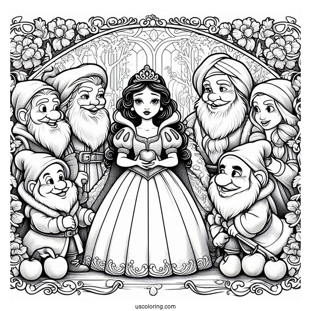 Detailed Snow White Coloring Pages Surrounded By The Dwarves, Prince Charming, And The Evil Queen