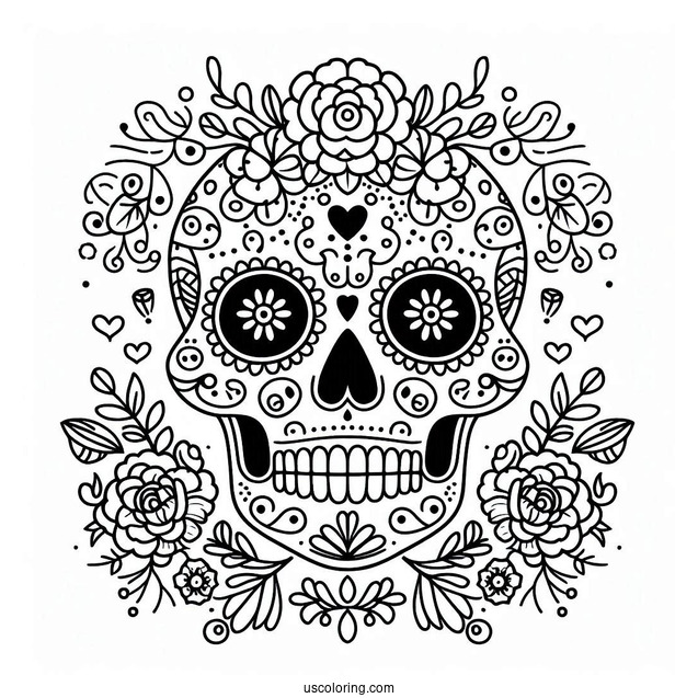 Floral Sugar Skull Coloring Page For Kids