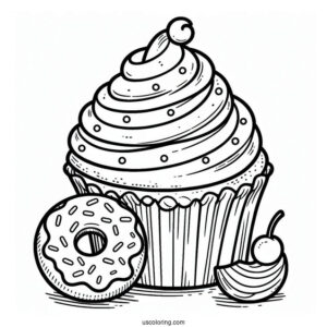 Coloring Page Of Cupcake With Donut To Color