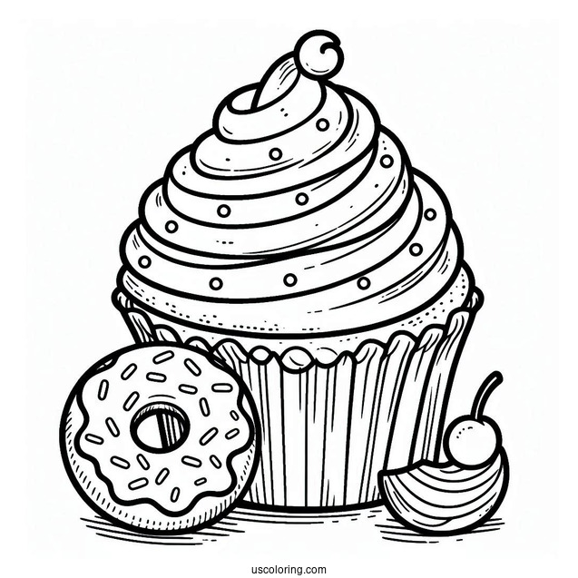Coloring Page Of Cupcake With Donut To Color