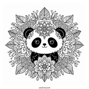 Floral Mandala with Panda Coloring Page Faces and Leaf Border Design For Adults