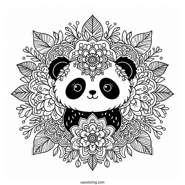 Floral Mandala with Panda Coloring Page Faces and Leaf Border Design For Adults