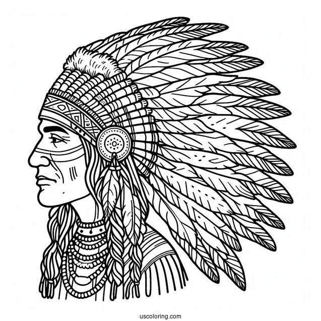 Native American Coloring Page Chief Wearing Headdress And Traditional Clothing Coloring Page