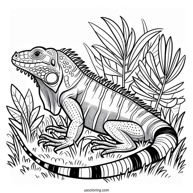 Lizard Coloring Page of Green Iguana On Grass