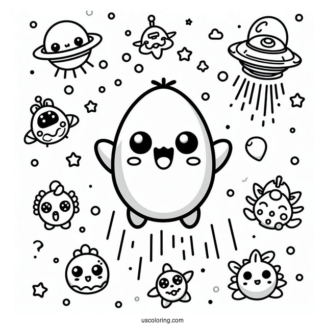 Tamagotchi Coloring Page Of Mametchi, Tomomi, And The Other Extraterrestrials Falling From The Sky