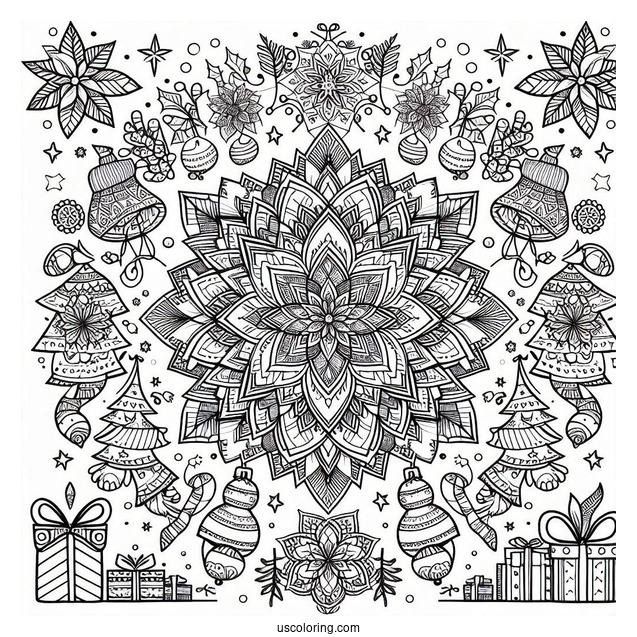 Christmas Mandala Coloring Page Of Have A Merry Little Christmas Mandala With Trees, Presents, And Poinsettias