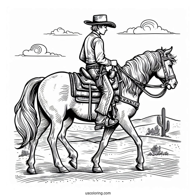 Detailed Cowboy Coloring Page And Horse In Desert