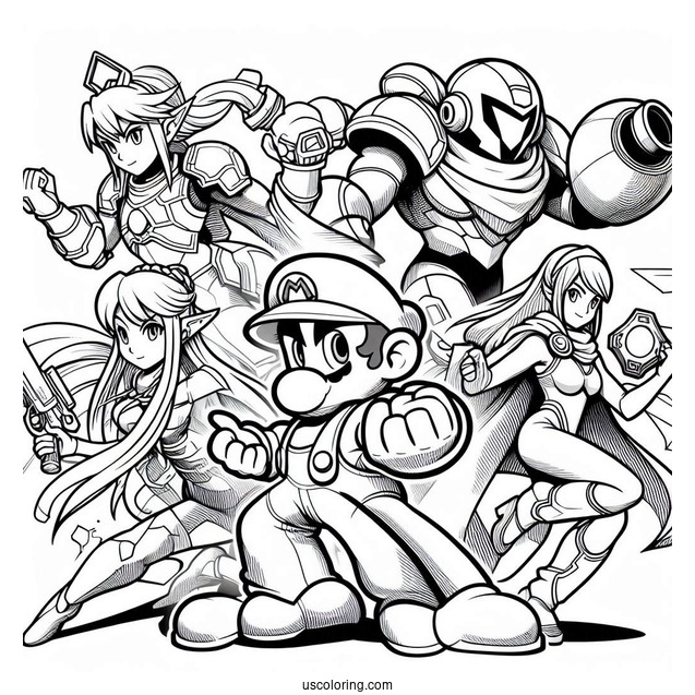 Super Smash Bros Coloring Page Of Mario, Mega Man, Palutena, Samus Aran, And Lucina