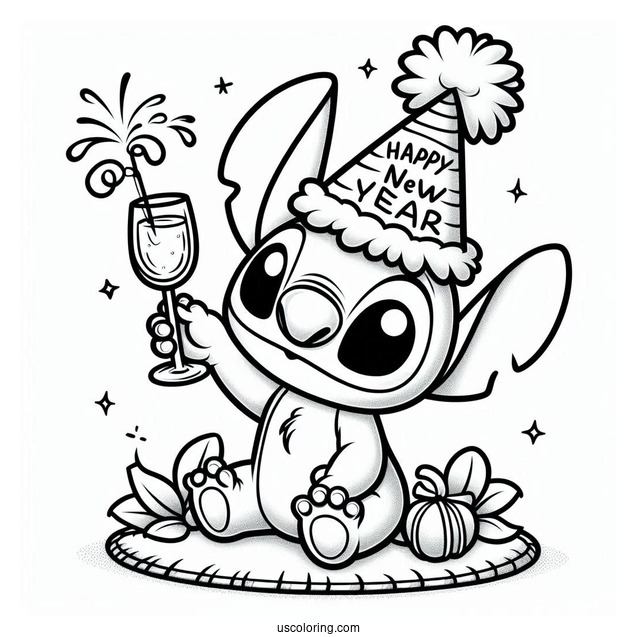 Stitch Wearing A Party Hat And Holding Up A Wineglass On The New Year Coloring Page