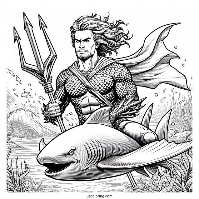 Aquaman Coloring Page Holding his Trident While Riding A Manta Ray