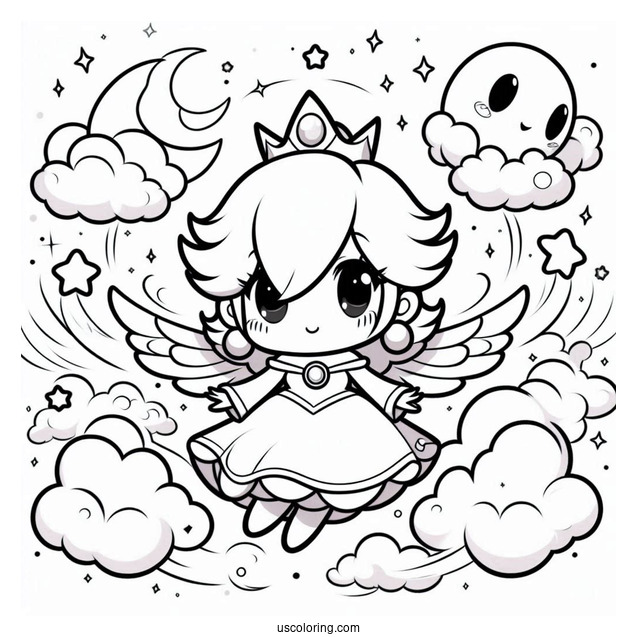 Chibi Princess Rosalina In The Sky With Lumas Coloring Sheet