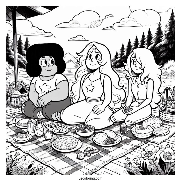 Detailed Steven Universe Coloring Page With Connie, Sardonyx, And Amethyst Having Picnic