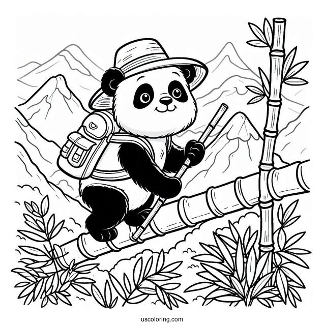 Explorer Panda Coloring Page Climbing Bamboo in the Mountains