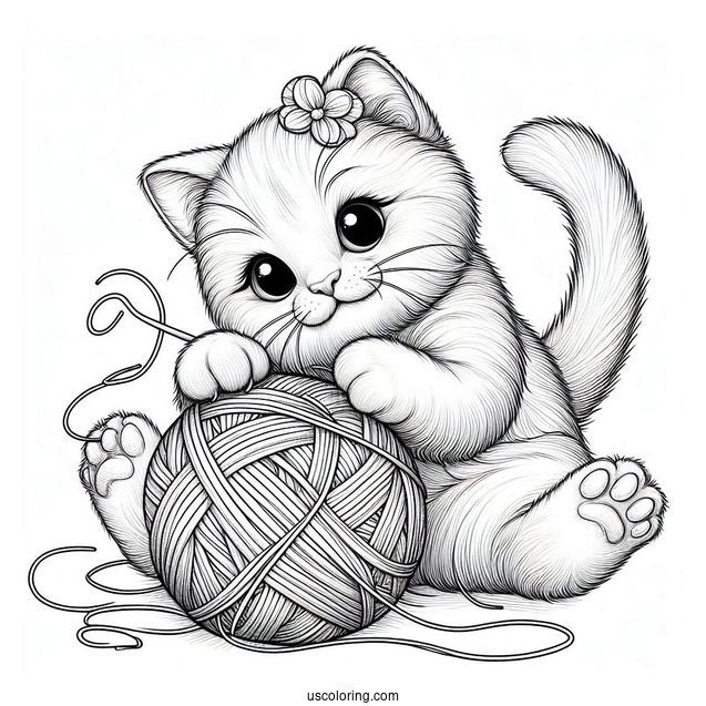 Coloring Sheet Of Realistic Cat Playing With Yarn