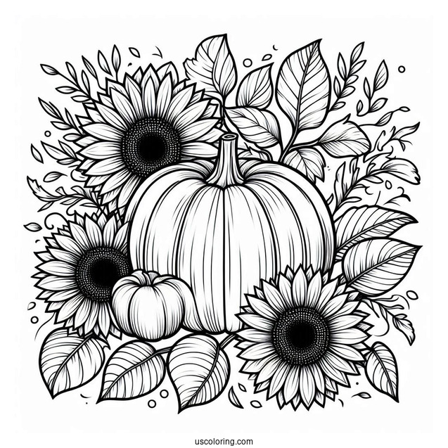Pumpkin Coloring Page Of Sunflowers, And Leaves