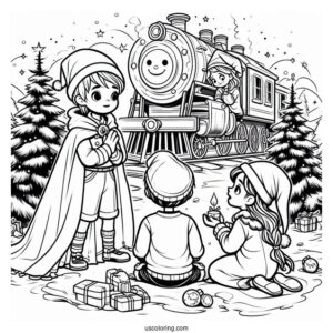 Polar Express Coloring Page Of Hero Boy, Hero Girl, And Lonely Boy With The Elves Around A Christmas Tree