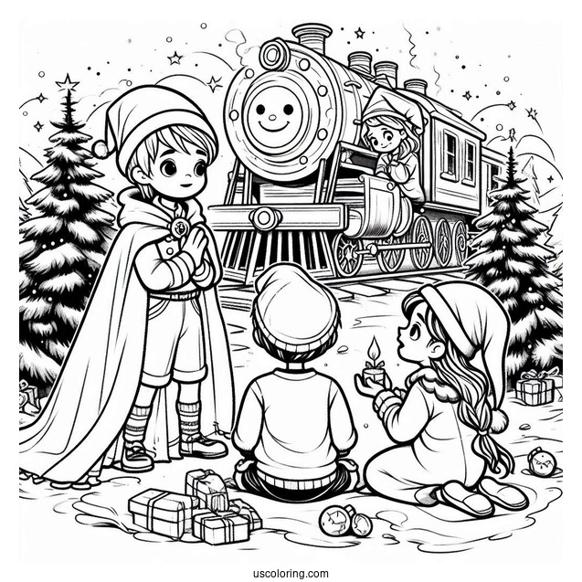 Polar Express Coloring Page Of Hero Boy, Hero Girl, And Lonely Boy With The Elves Around A Christmas Tree