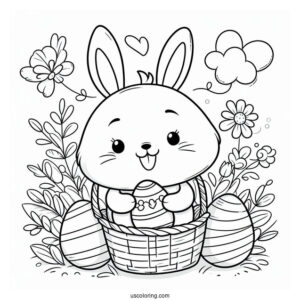 Smiling Bunny Holding A Basket Of Easter Coloring Page Of Eggs For Kids