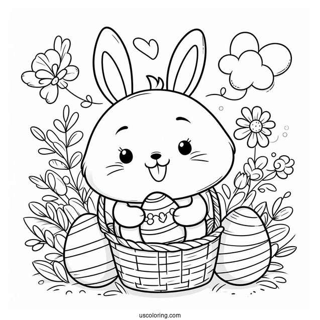 Smiling Bunny Holding A Basket Of Easter Coloring Page Of Eggs For Kids