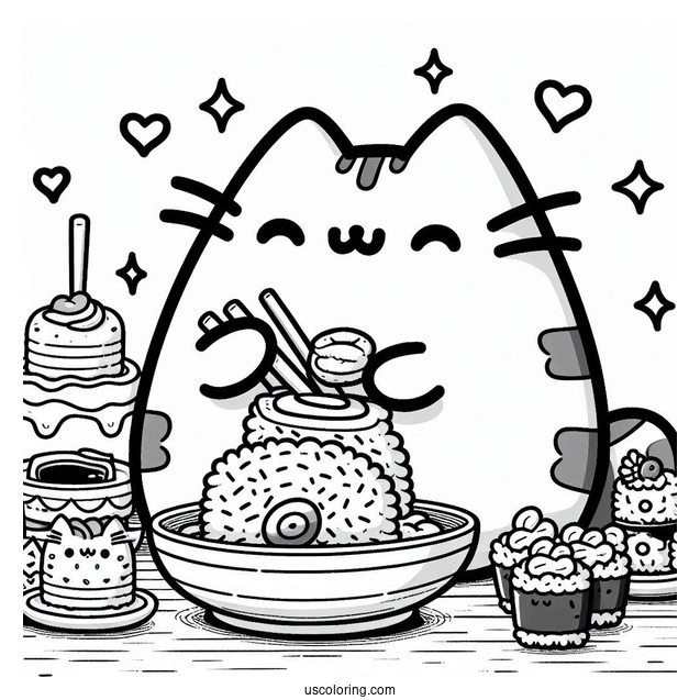 Pusheen Eating Rice And Sushi Coloring Page
