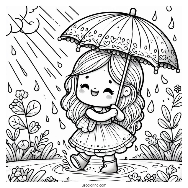 Child Playing In The Rain Coloring Page