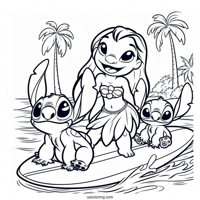 Lilo, Stitch, and Nani Pelekai Riding a Surfboard