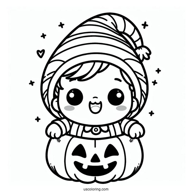 Smiling Baby Coloring Page In a Jack O Lantern Costume
