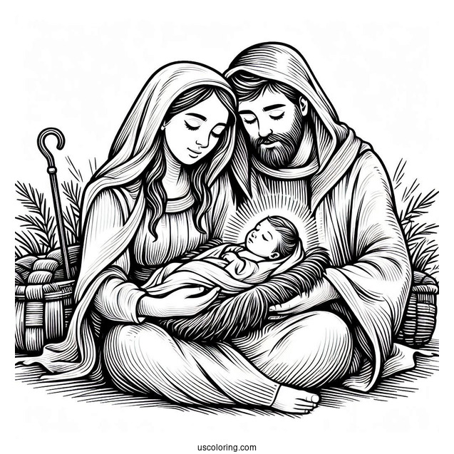 Nativity Coloring Page Of Mary And Joseph Cradling Newborn Jesus