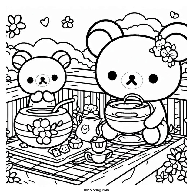 Rilakkuma Coloring Page Having Tea With Kiiroitori In The Balcony
