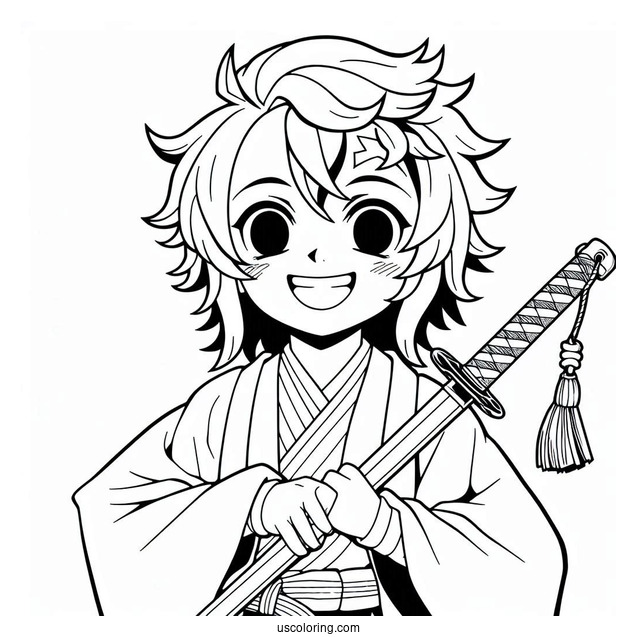 Smiling Tanjiro Coloring Page Holding Nichirin Sword Behind Him