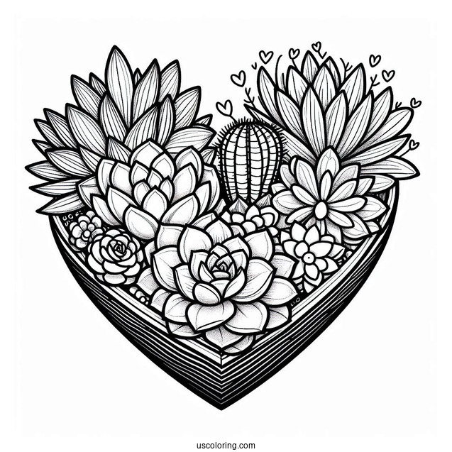 Various Succulent Coloring Page In A Heart Shaped Container