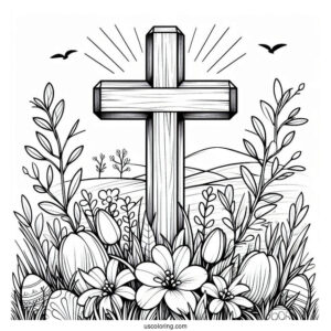 Easter Coloring Page Of Easter Cross With Flowers In A Field