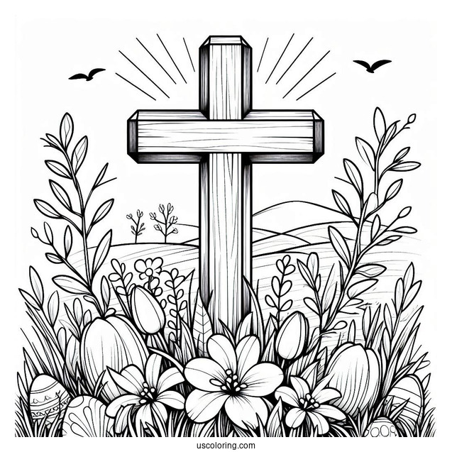 Easter Coloring Page Of Easter Cross With Flowers In A Field