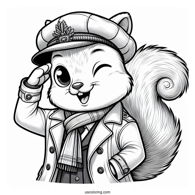 Squirrel Coloring Page In Jacket Winking And Saluting