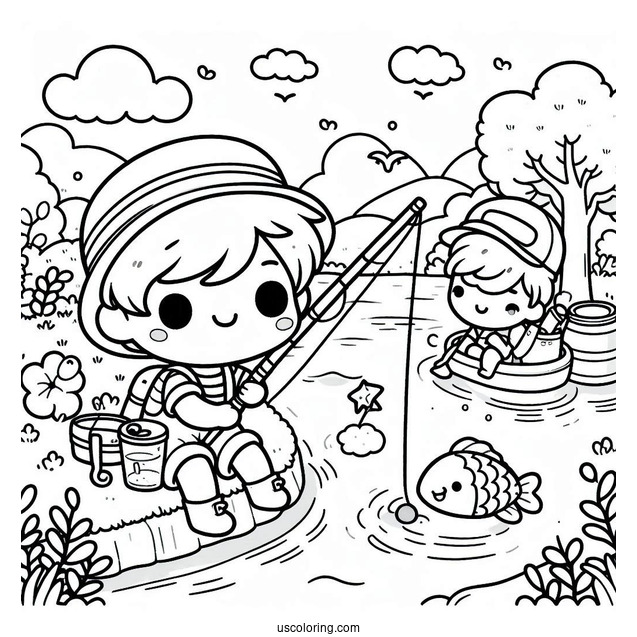 Kawaii Little Boy Fishing Coloring Page In The River For Preschoolers