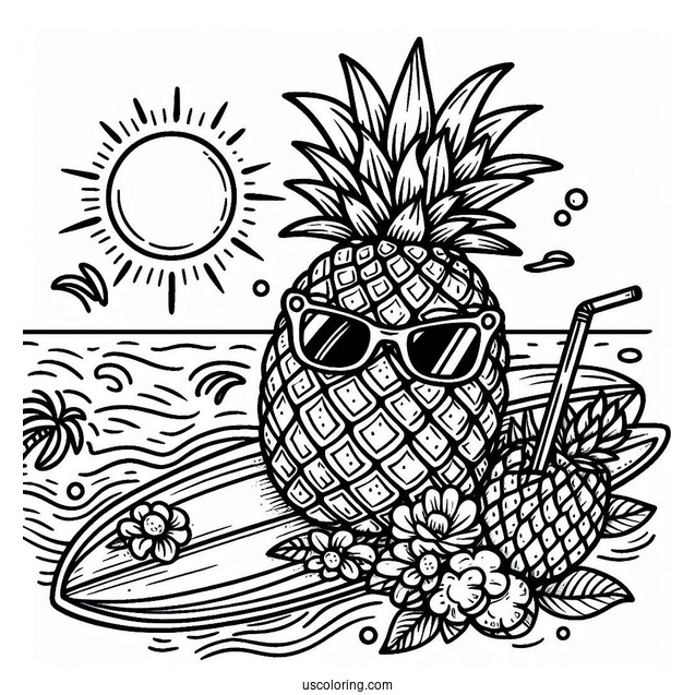 Pineapple Surfing In Summer Coloring Page For Kids