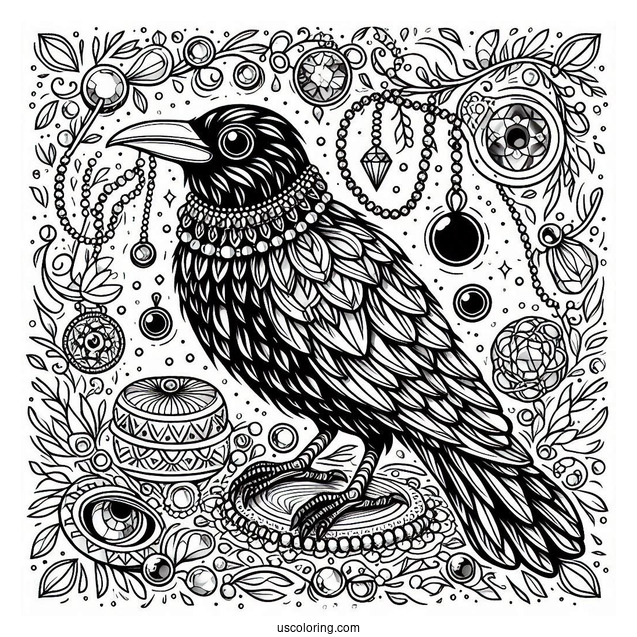 Raven Coloring Page Surrounded By Shiny Jewelry