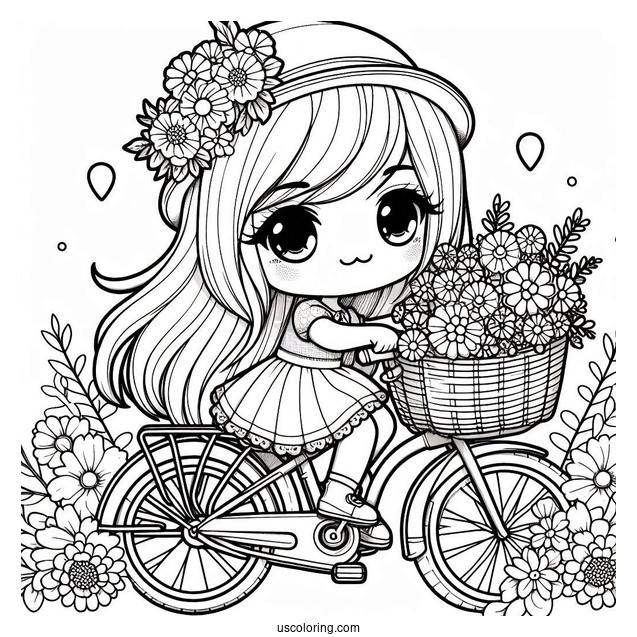 Kawaii Little Girl Riding Bicycle Coloring Page With Flowers For Kids