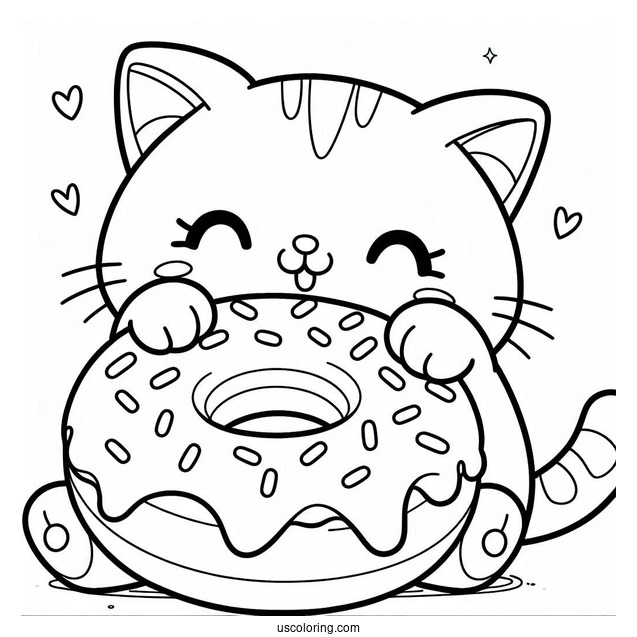 Coloring Sheet Of Cute Cat Eating Donut