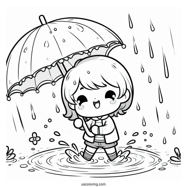 Child Playing In The Rain Coloring Page