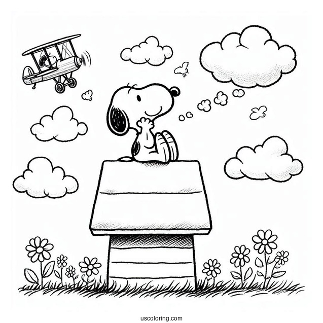 Snoopy Sitting On Dog House Imagining He Is Flying