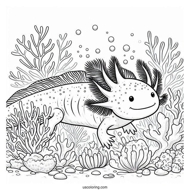 Swimming Axolotl Coloring Page Surrounded By Corals