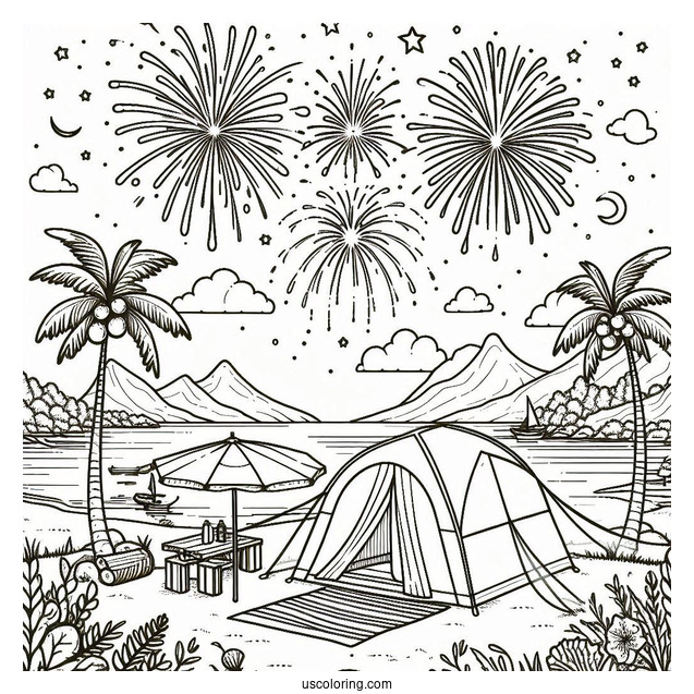 Summer Coloring Page Of Beach Camping With Fireworks In The Sky